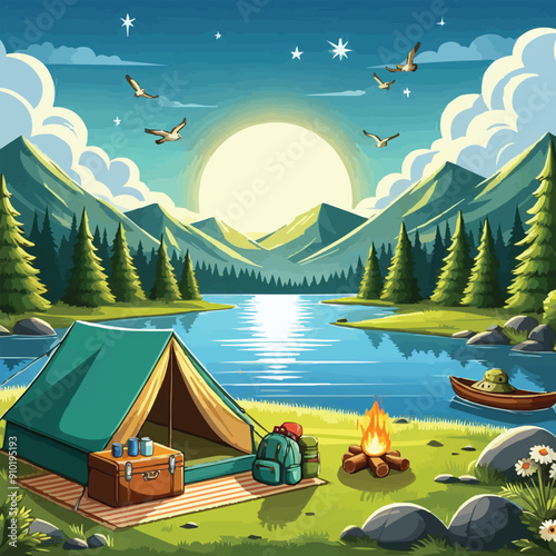 vector of camping tent on a mountain scenery