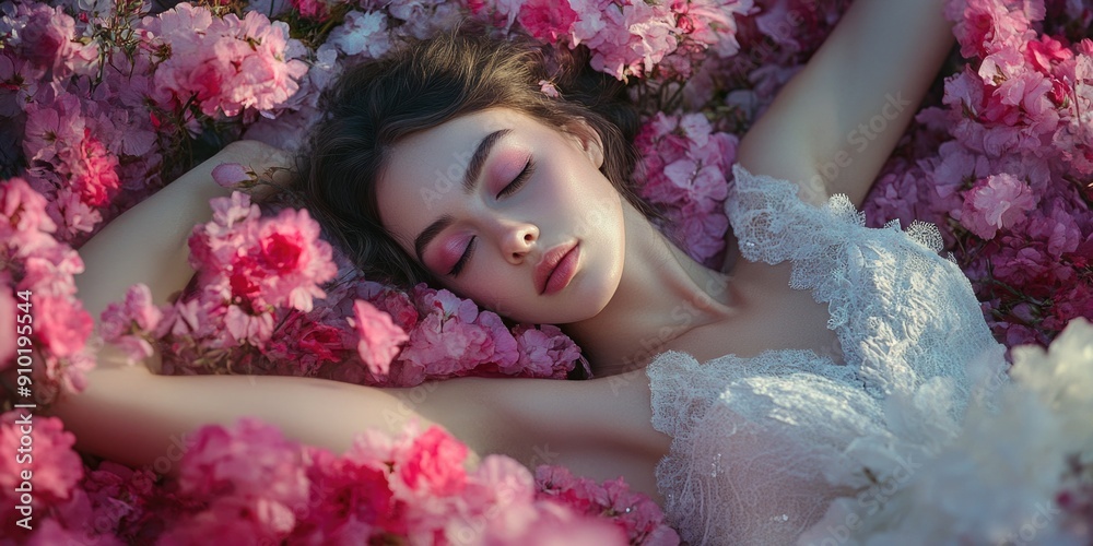 A woman lies amidst a bed of pink flowers A woman lies amidst a bed of pink flowers