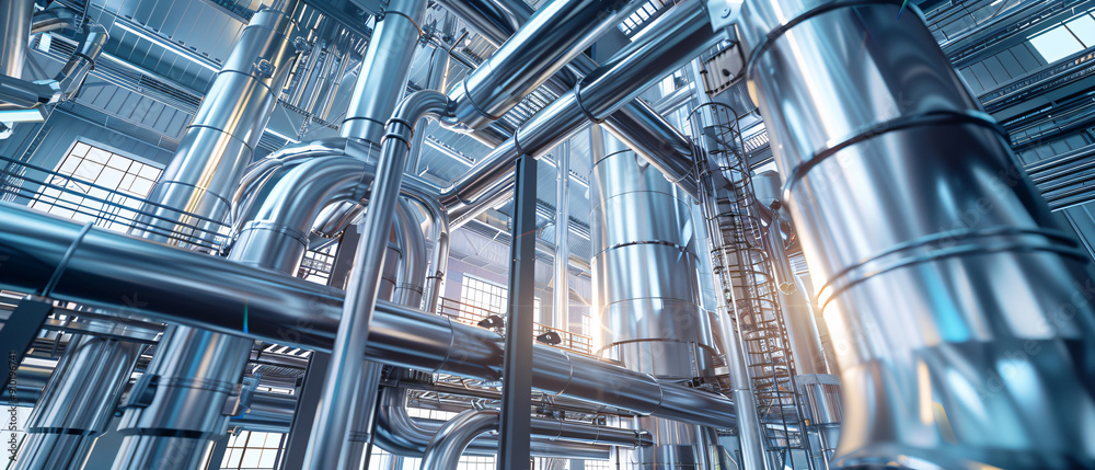 Industrial Piping System, Modern Manufacturing Facility, Complex Network of Steel Pipes, Complex Industrial Piping System, Modern Manufacturing Facility, Complex Network of Steel Pipes, Complex