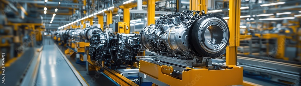 Fototapeta premium A modern engine assembly line showcasing precision engineering and advanced manufacturing processes in an industrial setting.