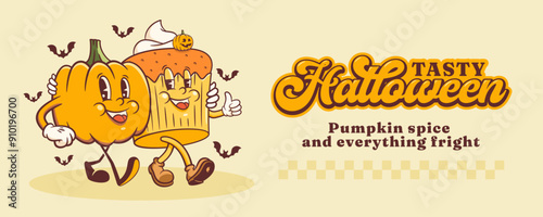 Halloween Groovy Pumpkin Spice Cupcake Retro Characters Banner. Cartoon Sweets Personage Walking and Smiling. Vector Autumn Holiday Mascot Template. Happy Vintage Cool Illustration Isolated