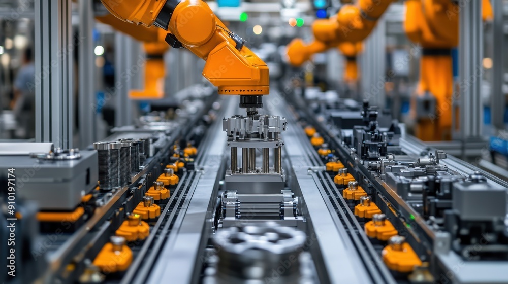 Automated robotic arm in a factory setting, efficiently assembling metal components on a conveyor belt, symbolizing advanced manufacturing.
