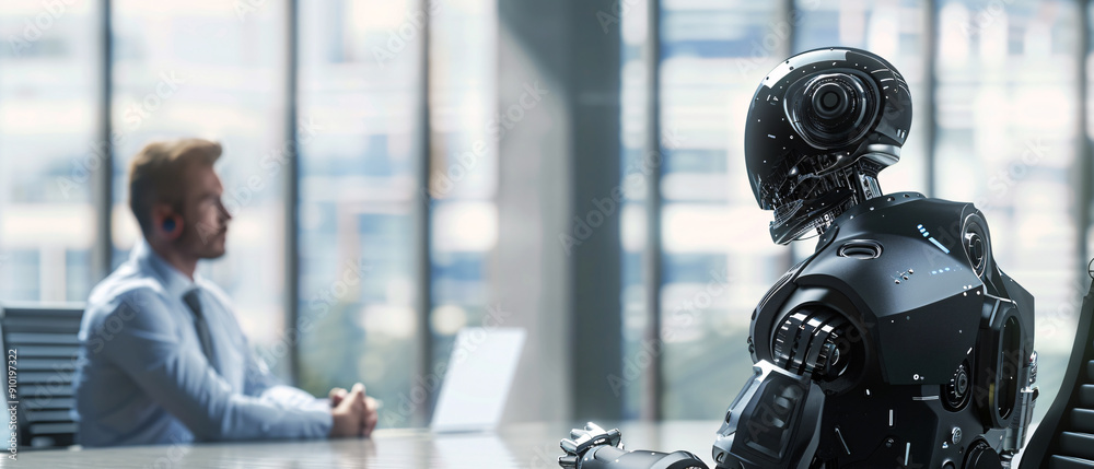 Fototapeta premium Futuristic Robot Sitting in a Modern Office with Businessman