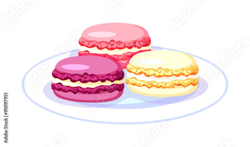 Plate with delicious macarons in a cartoon style. Vector illustration of a plate with sweet macarons of different flavors isolated on a white background. French dessert.Confectionery.