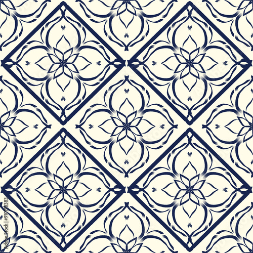 Symmetrical design interlocking shapes resemble flowers leaves.
