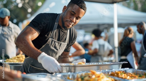 A leader serving food at a community event, demonstrating servant leadership