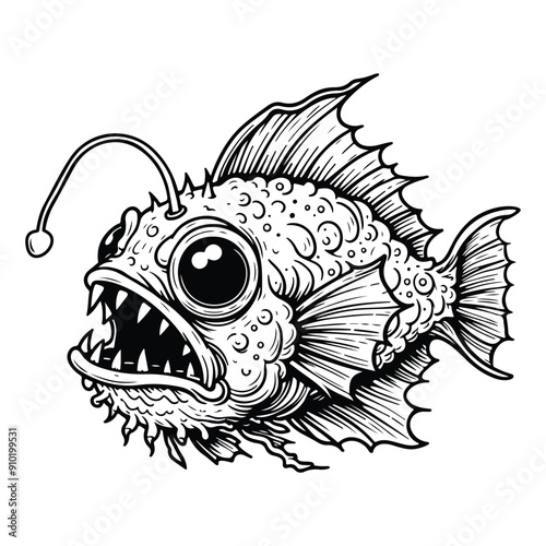 Line art of anglerfish cartoon vector