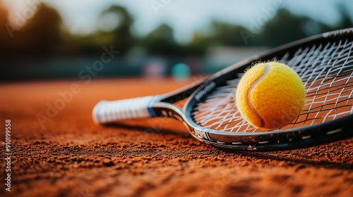 A tennis ball is resting on a tennis racket