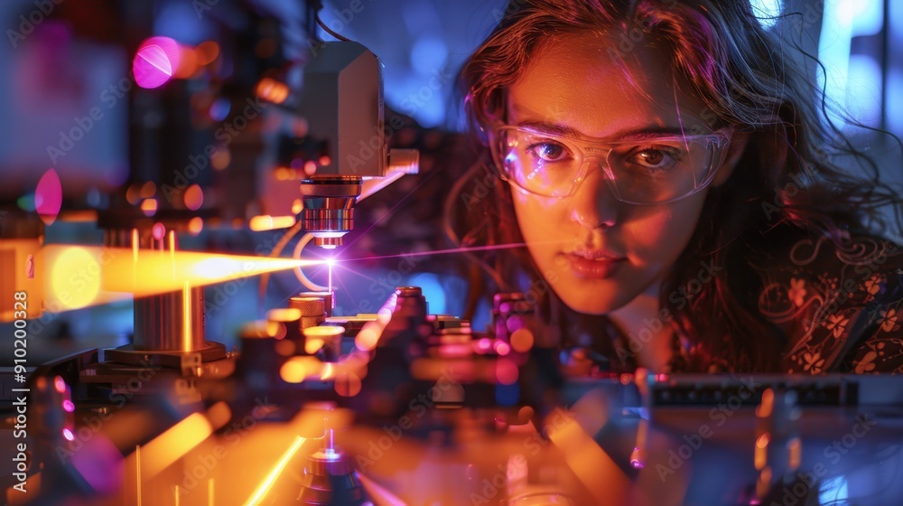 A student conducting a physics experiment with a laser in a high-tech laboratory A student conducting a physics experiment with a laser in a high-tech laboratory
