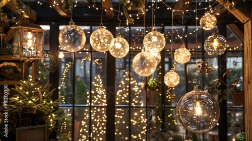 Festive holiday decorations with twinkling lights and ornaments