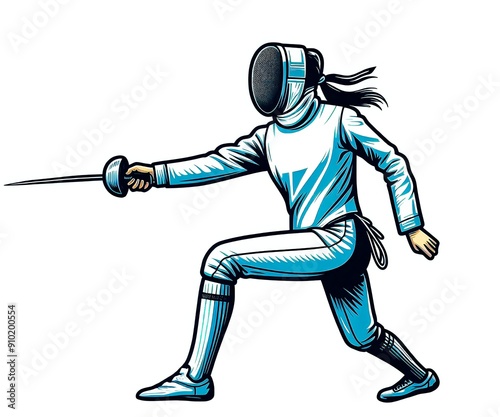 Isolated vector illustration of a fencer on a white background.	 photo