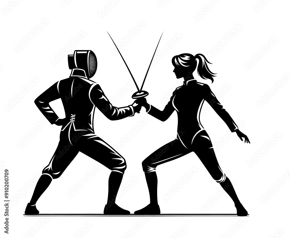Black and white vector illustration of two fencers competing in a fencing match on a white background. Black and white vector illustration of two fencers competing in a fencing match on a white background.