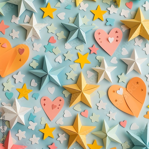A delightful mix of paper stars and hearts in vibrant colors, creating a whimsical design for festive decorations.