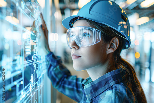 A woman wearing a hard hat and safety glasses is looking at a computer screen