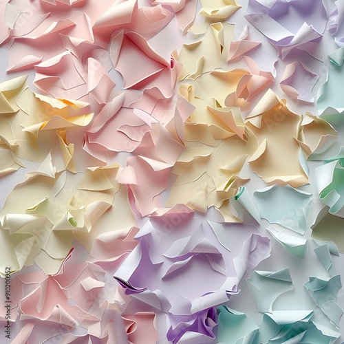 A festive mosaic design of delicate paper shapes in soft pastel colors..