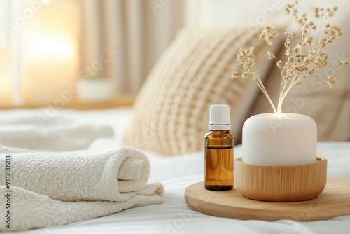 Essential oil diffuser and bottle on a wooden tray with a towel and pillows in the background. photo