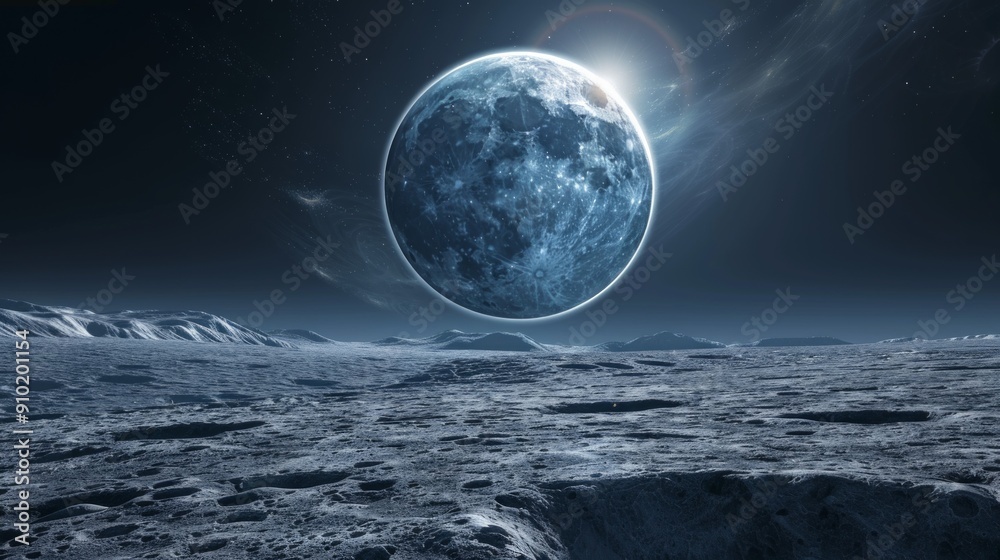 landscape panormaic view on the moon surface in the sea of tranquility. landscape panormaic view on the moon surface in the sea of tranquility.