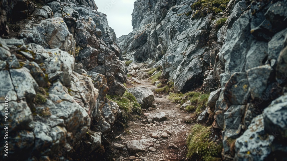 A narrow hiking trail through a rocky terrain. A narrow hiking trail through a rocky terrain.