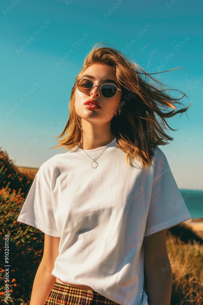 Jeune femme blonde au bord de mer avec des lunettes de soleil. Young blonde woman at the seaside with sunglasses. Jeune femme blonde au bord de mer avec des lunettes de soleil. Young blonde woman at the seaside with sunglasses.