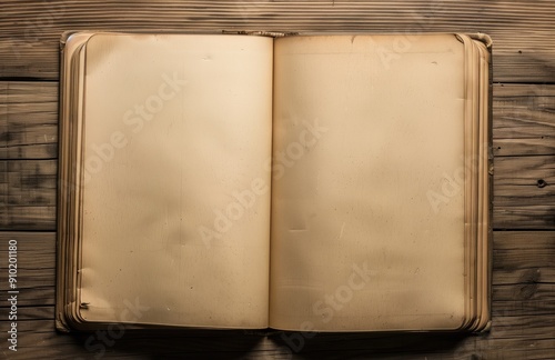 Livre ouvert avec des pages blanches posé sur une table en bois. Open book with blank pages on a wooden table.