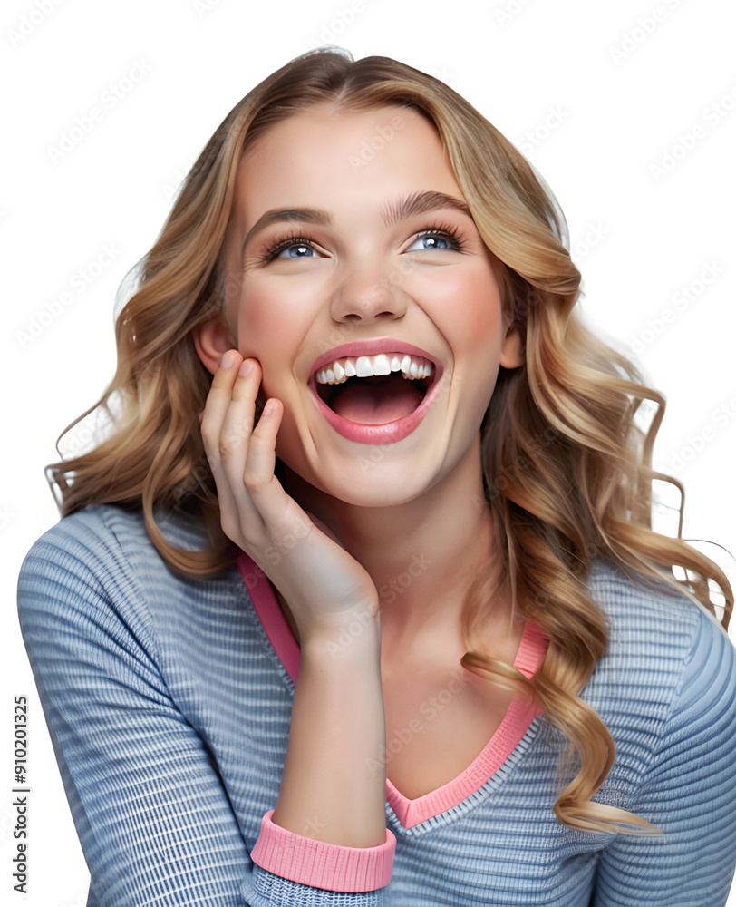 Girl in blue t-shirt laughs cheerfully. Emotions. White background Girl in blue t-shirt laughs cheerfully. Emotions. White background