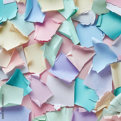 A mosaic-like decoration of pastel-colored delicate paper shapes for festive decor..