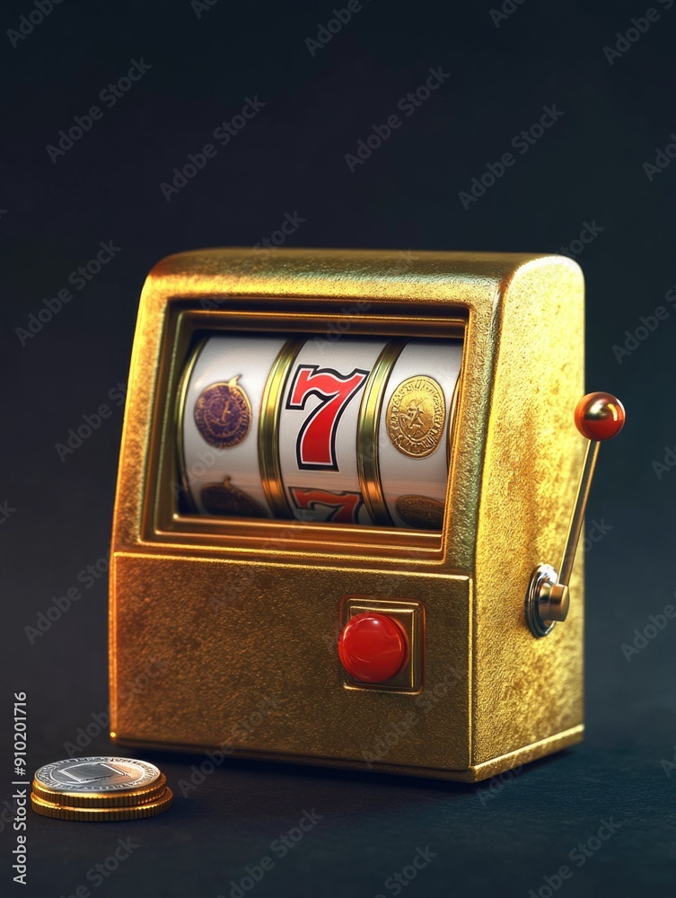 A close-up of a golden slot machine with coins nearby, perfect for use in financial or gaming related contexts A close-up of a golden slot machine with coins nearby, perfect for use in financial or gaming related contexts