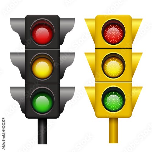 Traffic light set. Realistic 3D traffic light. Black traffic lights. Vector clipart.