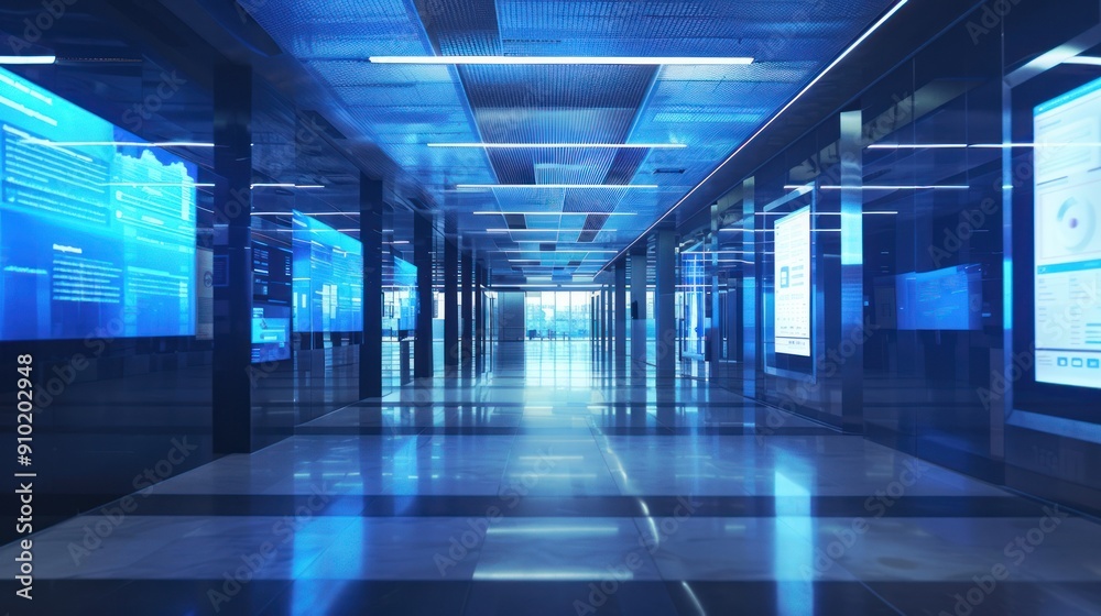 Fototapeta premium Digital information screens in a bank lobby.