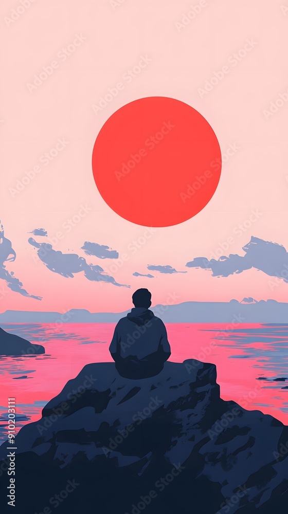 A lone figure sits on a rock, gazing at a large, red sun setting over a tranquil sea.
