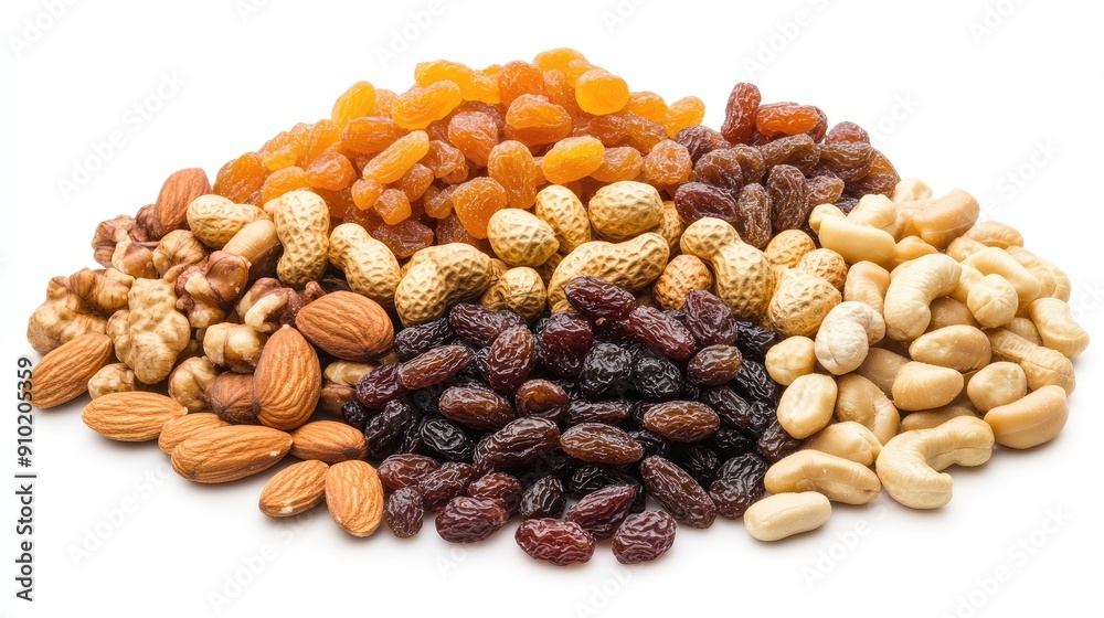Assorted nuts and dried fruits, including almonds, hazelnuts, peanuts, cashews, candied fruit, and raisins, isolated on white for packaging