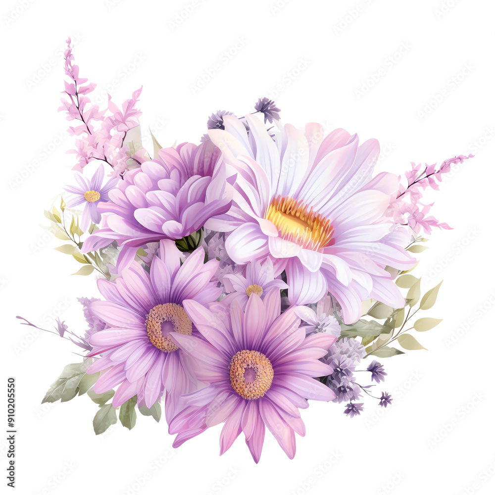 Beautiful bouquet of purple and white flowers, including daisies and various foliage. Perfect for floral arrangements and design elements. Beautiful bouquet of purple and white flowers, including daisies and various foliage. Perfect for floral arrangements and design elements.