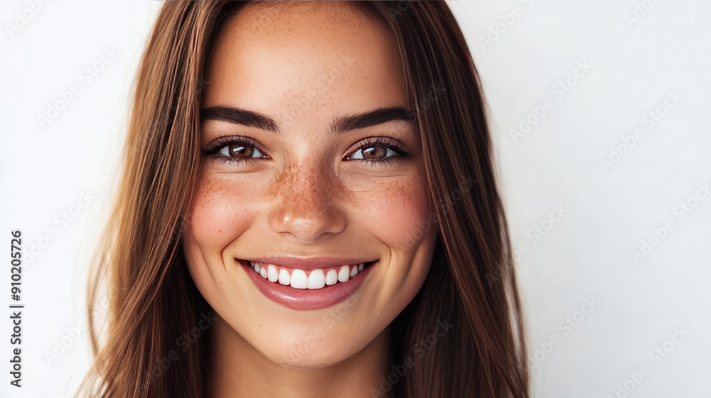 Charming young woman with a radiant smile and long straight brown hair, head and shoulders portrait set against a clean white background