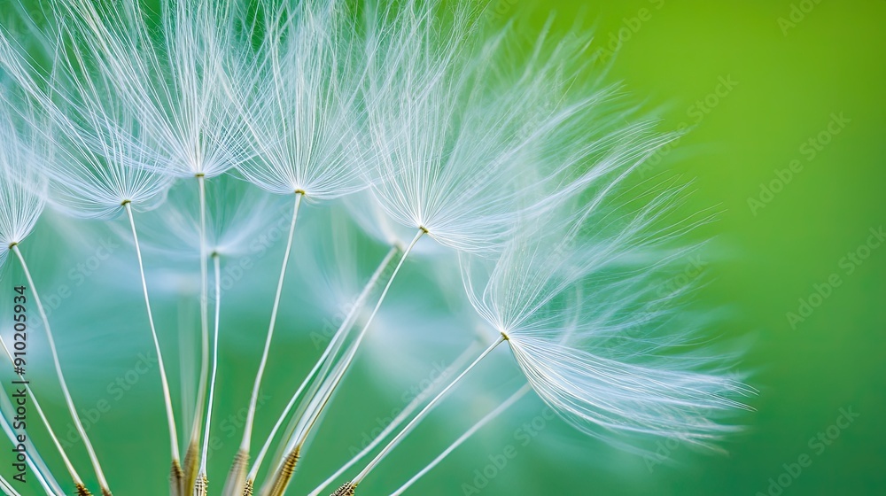 Fototapeta premium Close-up of a dandelion seed head with blurred green background, highlighting the airy white seeds and their delicate features