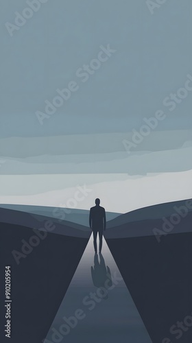 A solitary figure walks down a path, towards a distant horizon, bathed in a soft, blue light.