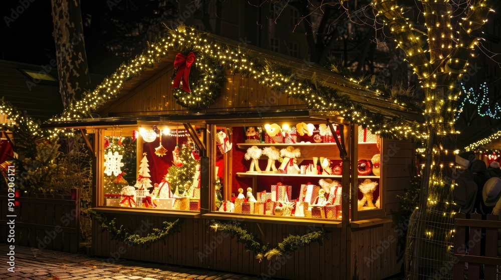 A beautifully lit Christmas market stall selling festive decorations and gifts. A beautifully lit Christmas market stall selling festive decorations and gifts.