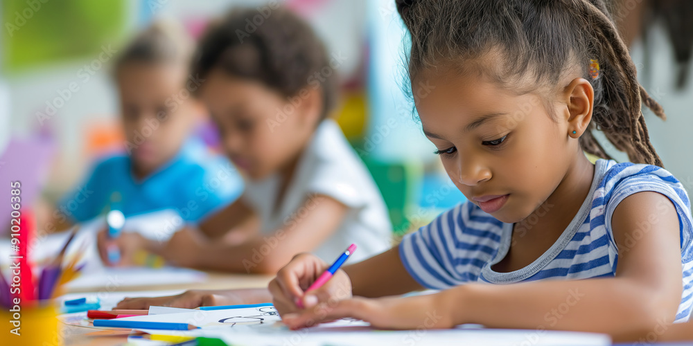 Cute children drawing with colorful pencils at a daycare. Creative kids painting at school. Cute children drawing with colorful pencils at a daycare. Creative kids painting at school.