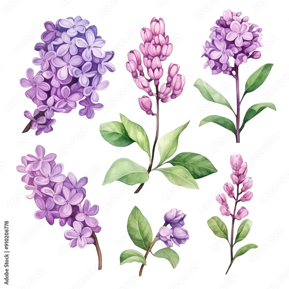 Vector illustration of vibrant lilac flowers in various stages of bloom ...