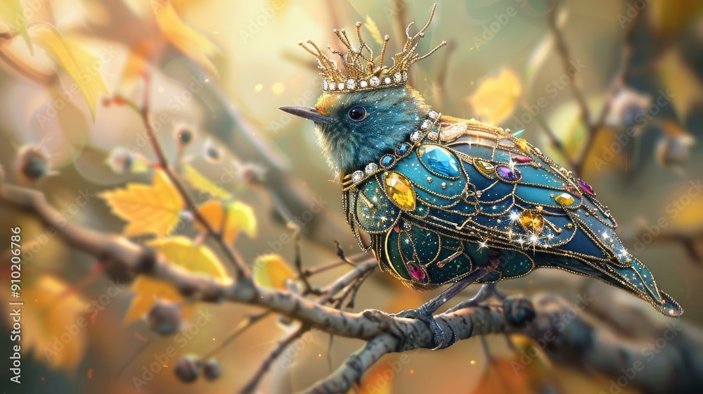A bird with a glittering golden crown and colorful diamond inlays on its body, sitting on a tree branch. A bird with a glittering golden crown and colorful diamond inlays on its body, sitting on a tree branch.