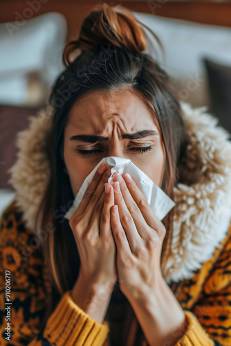 Sick woman having a flu blowing her nose into a tissue. Seasonal sicknesses.