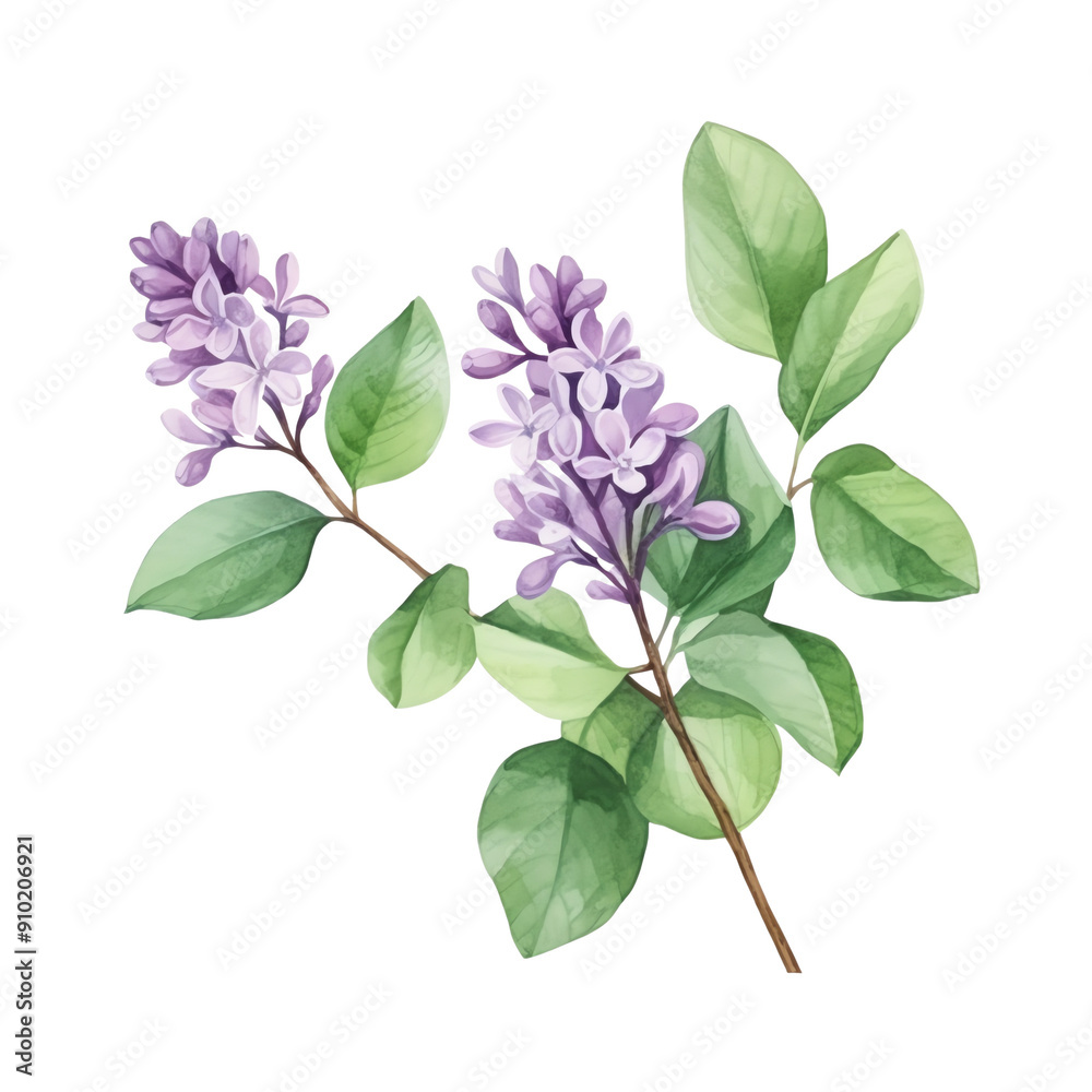 Watercolor illustration of delicate purple lilac flowers with green leaves on a white background, perfect for botanical designs and art. Watercolor illustration of delicate purple lilac flowers with green leaves on a white background, perfect for botanical designs and art.