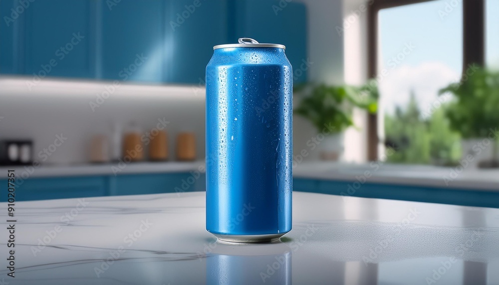 A sleek electric blue energy drink can, condensation dripping down, placed on a pristine whi