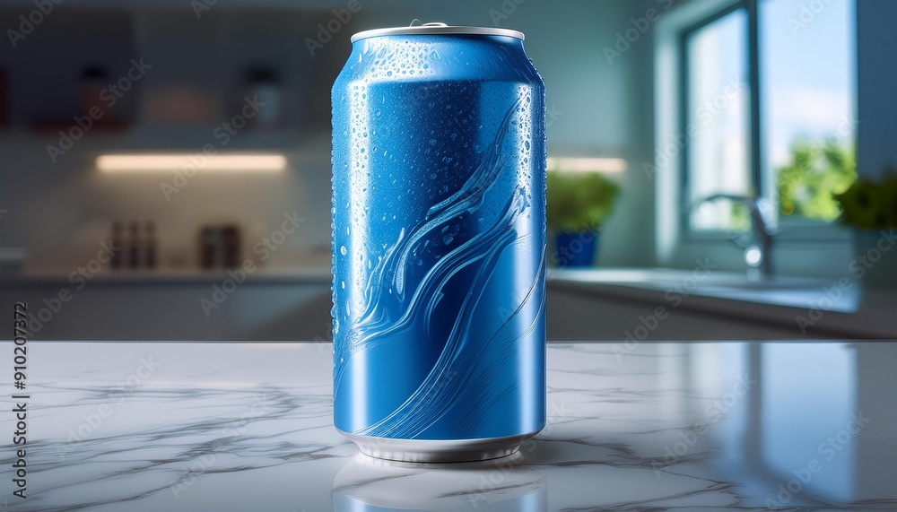 A sleek electric blue energy drink can, condensation dripping down, placed on a pristine whi A sleek electric blue energy drink can, condensation dripping down, placed on a pristine whi