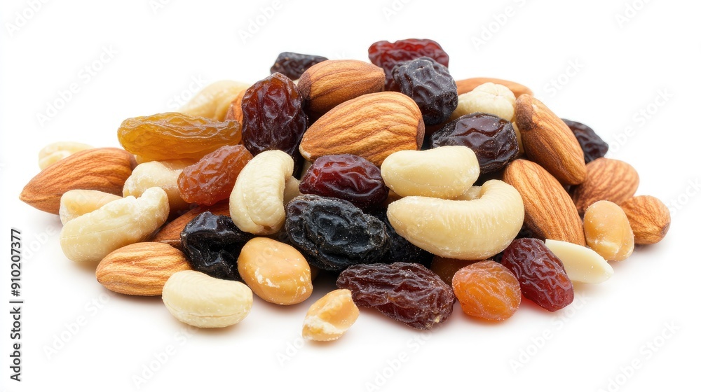 Close-up of mixed nuts and dried fruits, featuring almonds, hazelnuts, peanuts, cashews, candied fruit, and raisins, isolated on white background Close-up of mixed nuts and dried fruits, featuring almonds, hazelnuts, peanuts, cashews, candied fruit, and raisins, isolated on white background
