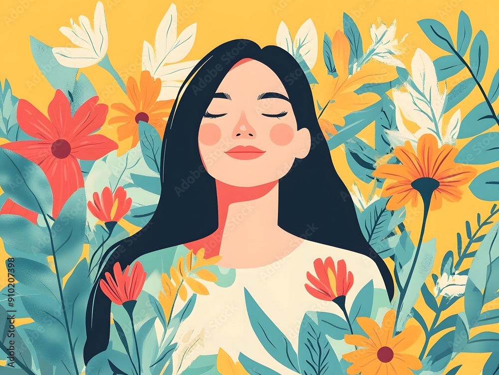 A woman with closed eyes surrounded by colorful flowers. She is serene and peaceful. The background is a vibrant yellow. A woman with closed eyes surrounded by colorful flowers. She is serene and peaceful. The background is a vibrant yellow.