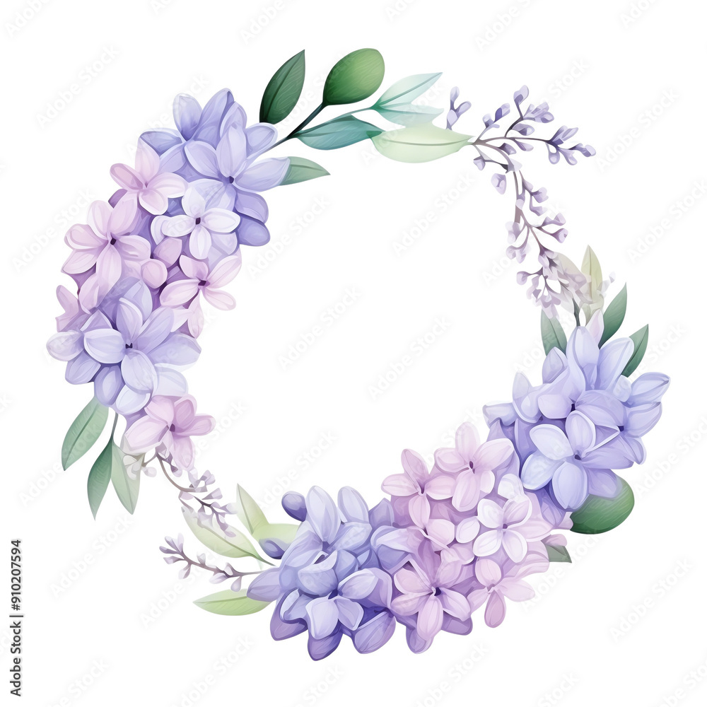 Beautiful wreath of purple and lavender flowers with green leaves, perfect for decoration and design inspiration. Beautiful wreath of purple and lavender flowers with green leaves, perfect for decoration and design inspiration.