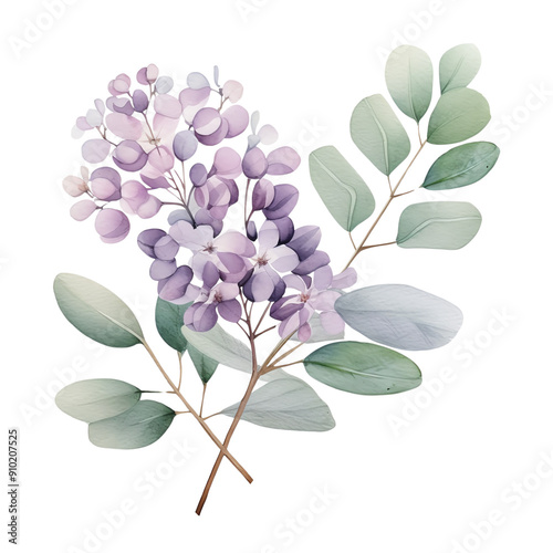 Watercolor illustration of lilac flowers and eucalyptus leaves. Elegant floral design perfect for invitations, cards, and prints.