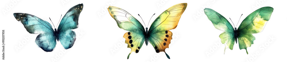Fototapeta premium set of beautiful blue green yellow Butterflys isolated on white or transparent