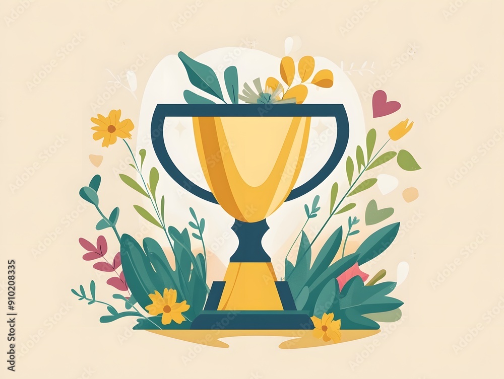 Golden trophy surrounded by floral elements on a light background. Golden trophy surrounded by floral elements on a light background.