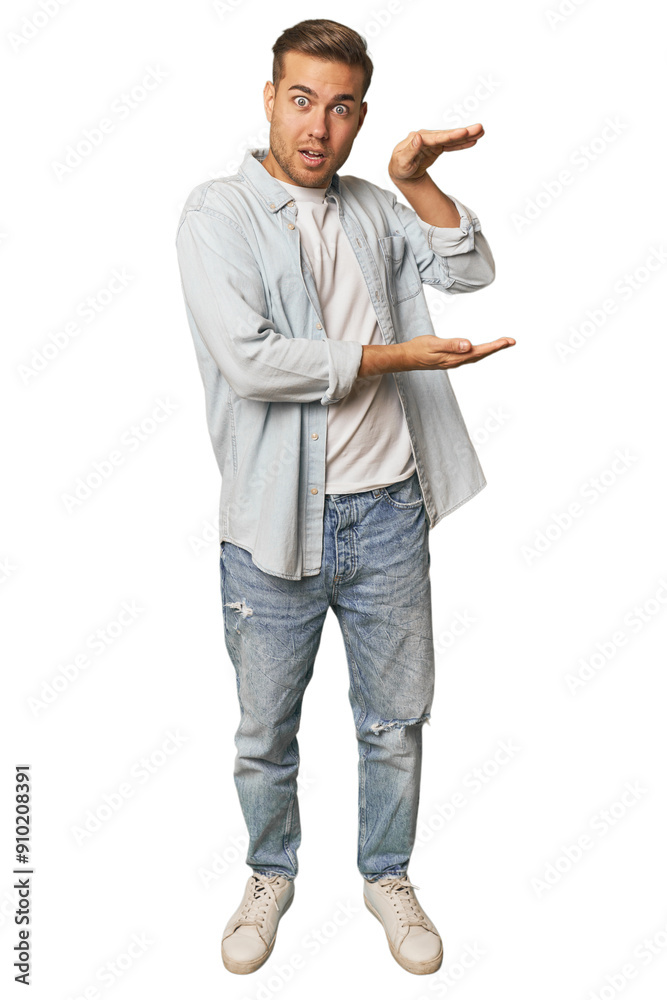 Full body portrait of a man in studio shocked and amazed holding a copy space between hands. Full body portrait of a man in studio shocked and amazed holding a copy space between hands.